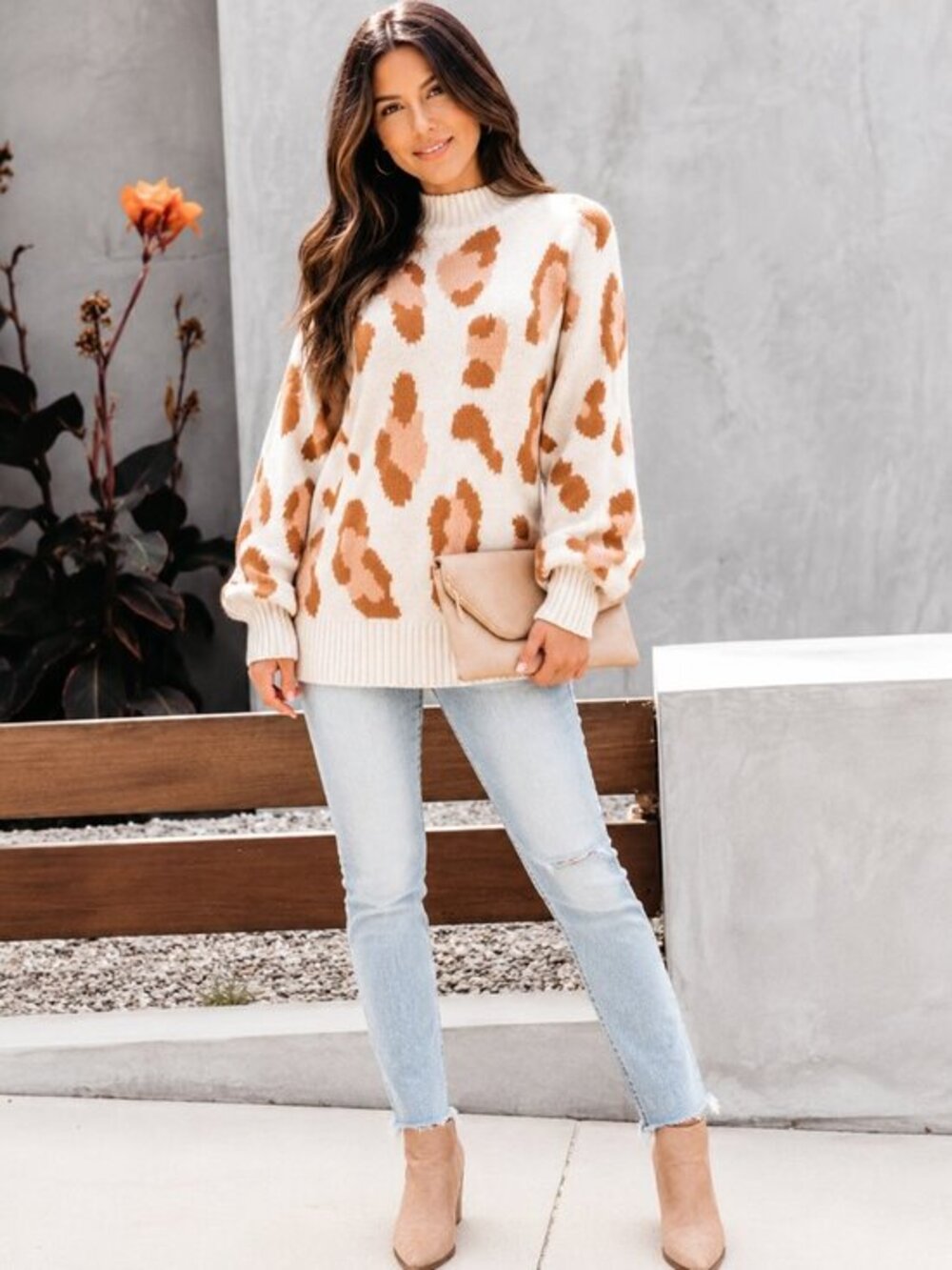 Leopard Print Knit Sweater Lantern Sleeve Pullover Cream Brown NWT
